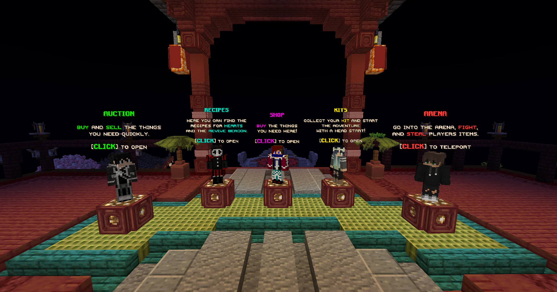 Minecraft lobby with Auction, Recipes, Shop, Kits and Arena NPCs