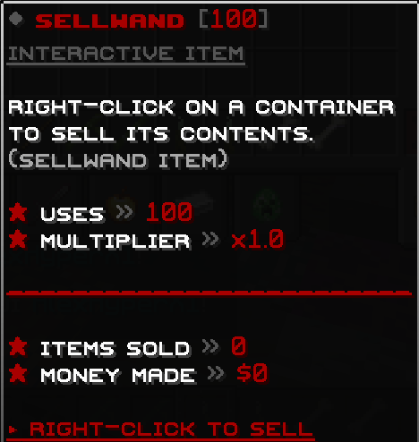 Minecraft Sellwand item tooltip with selling instructions and usage details