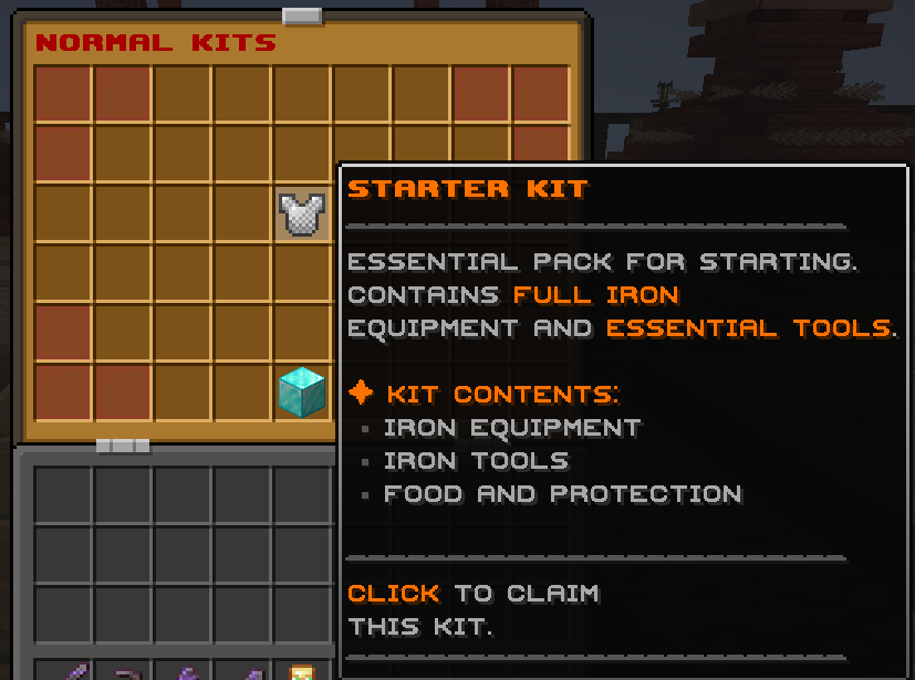 Minecraft Starter Kit inventory menu showing configured equipment and supplies