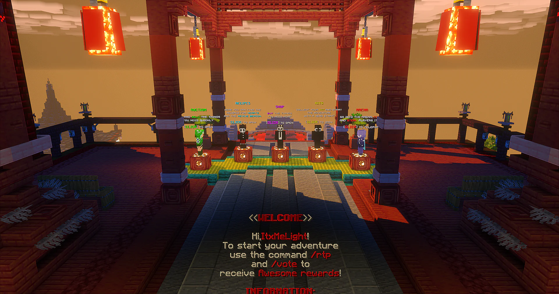 Minecraft welcome hologram in front of the lobby NPCs